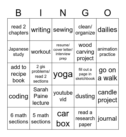 Daily Tasks Bingo Card