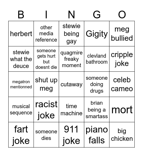 Family Guy Bingo Card