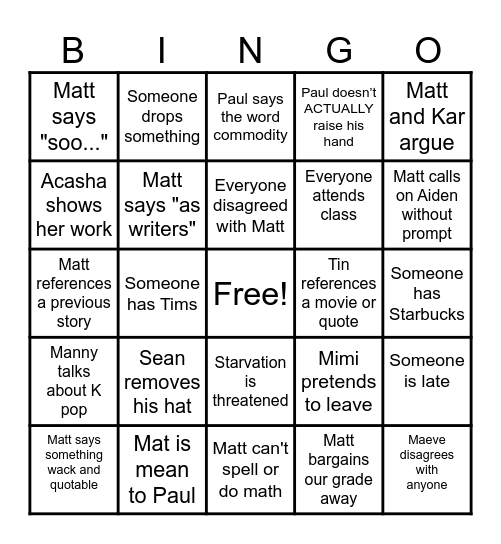 Creative Writing Bingo Card