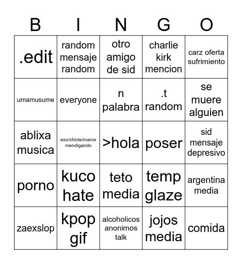 cosas diarias Bingo Card
