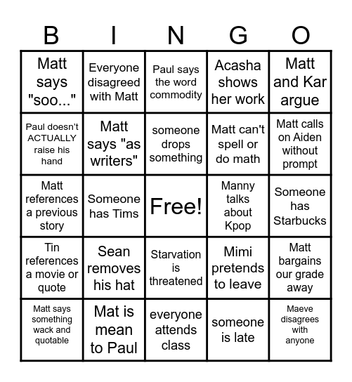 Creative Writing Bingo Card