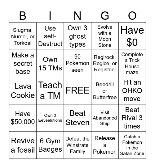 Pokémon Emerald Randomizer Bingo Card