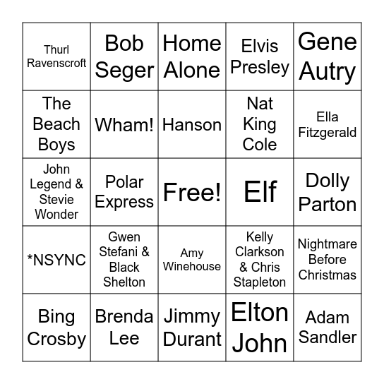 Holiday Hits Bingo Card