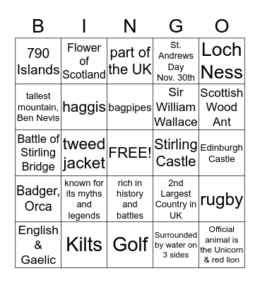 Scotland Bingo Card
