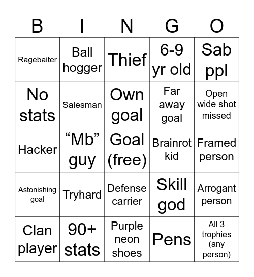 Touch football Bingo Card