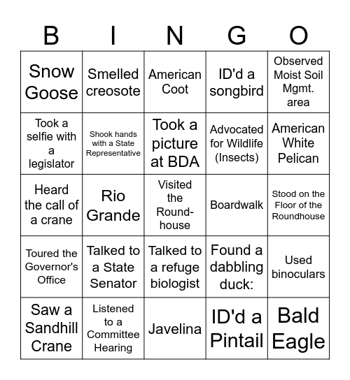 BDA & Roundhouse Field Trip Bingo Card