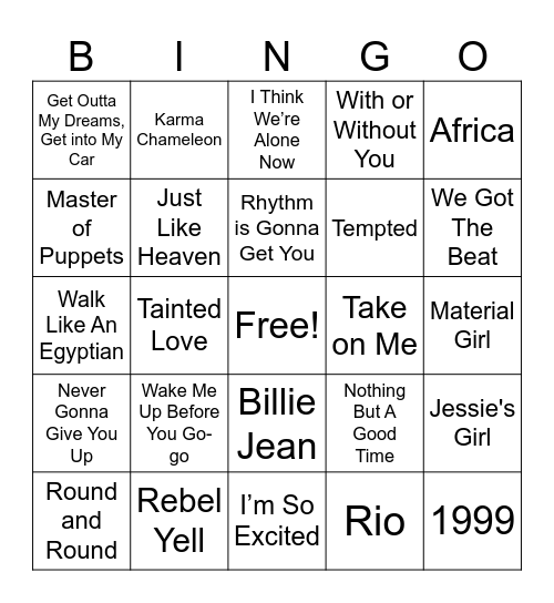 80s Music Bingo Card