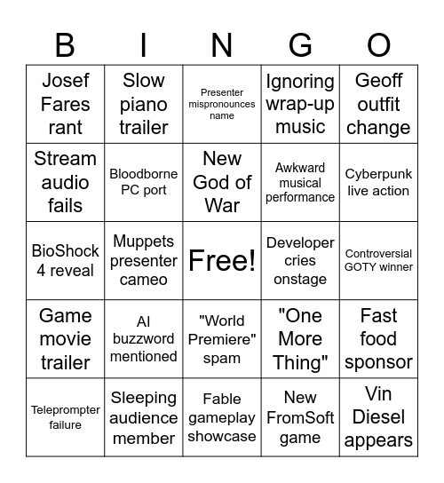 The Game Awards Bingo Card