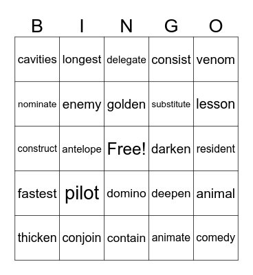 Schwa i - o - e Bingo Card