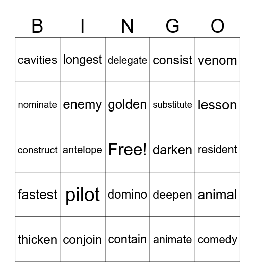 Schwa i - o - e Bingo Card