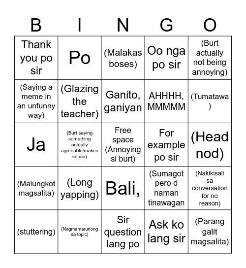 Burt Bingo Card