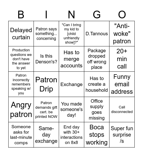Ox Boffice Blues Bingo Card