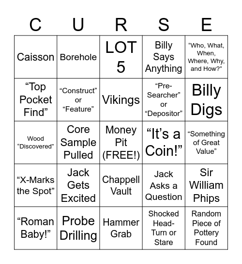 Curse of Oak Island Bingo Card