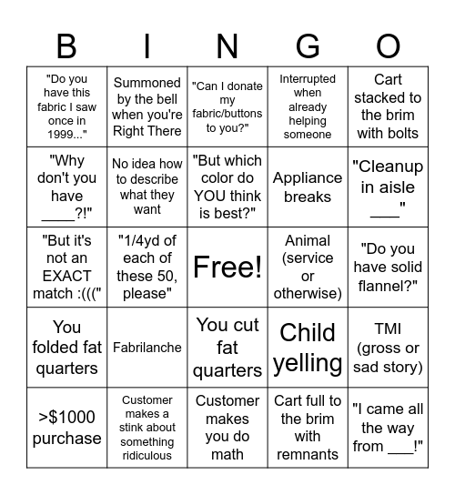Fabric Store Bingo (Post Joann's) Bingo Card