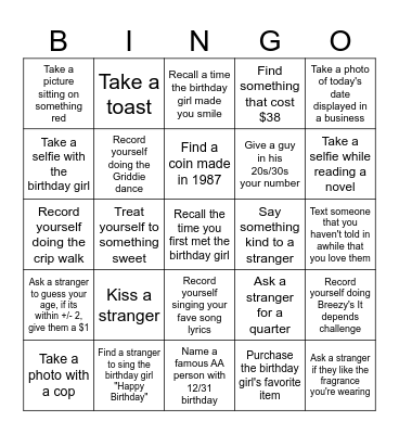 Cierra's Birthday Scavenger Hunt Bingo Card