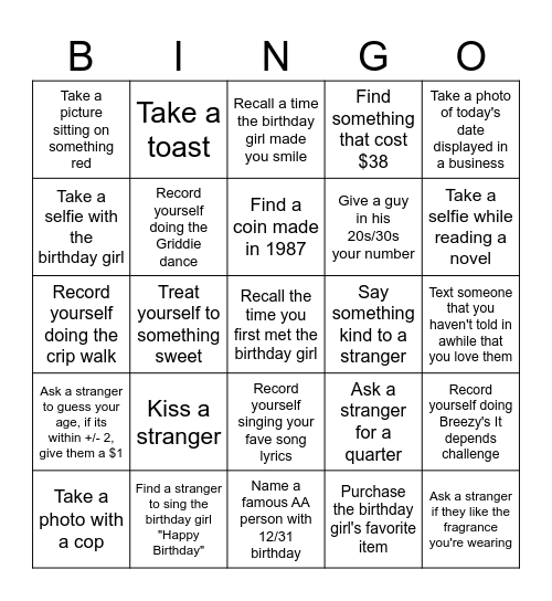 Cierra's Birthday Scavenger Hunt Bingo Card