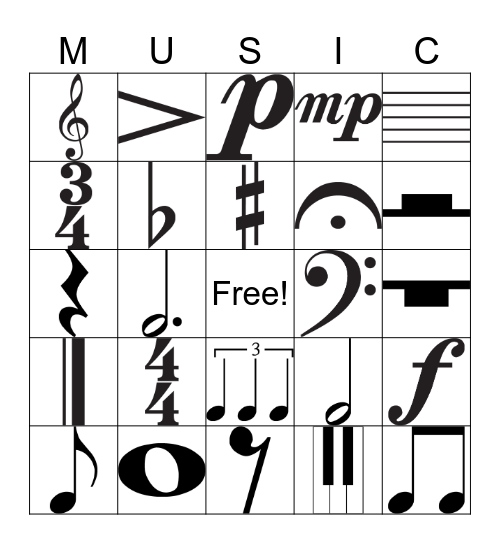 Easy Music Symbols Bingo Card
