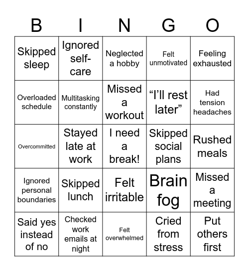 Burnout Bingo Card