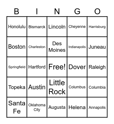 State Capitals Bingo Card