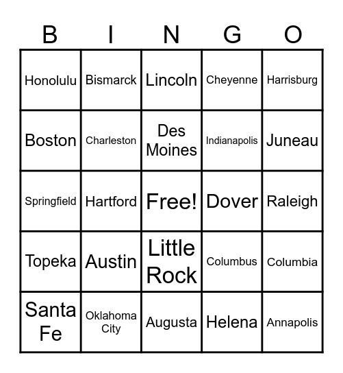 State Capitals Bingo Card