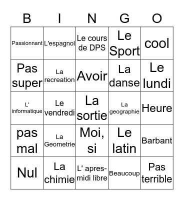 Vive L'ecole! Bingo Card