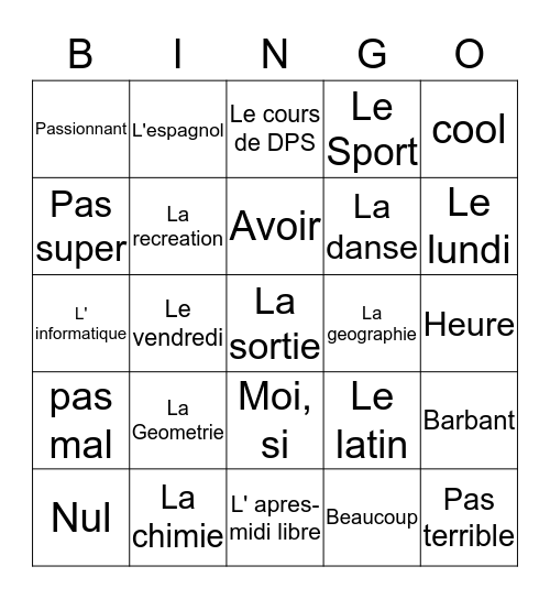 Vive L'ecole! Bingo Card