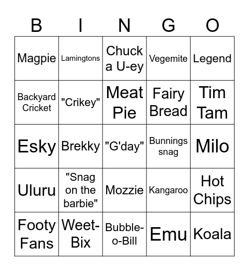 Aussie Bingo Card
