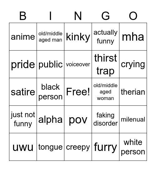 cringe bingo Card