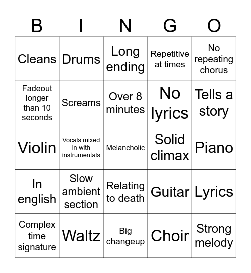 Difi music card Bingo Card