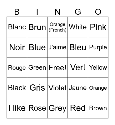 Les Couleurs Bingo Card