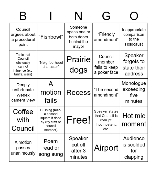 City Council Bingo Card