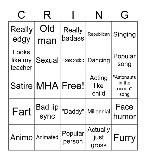 Cringetok Bingo Card