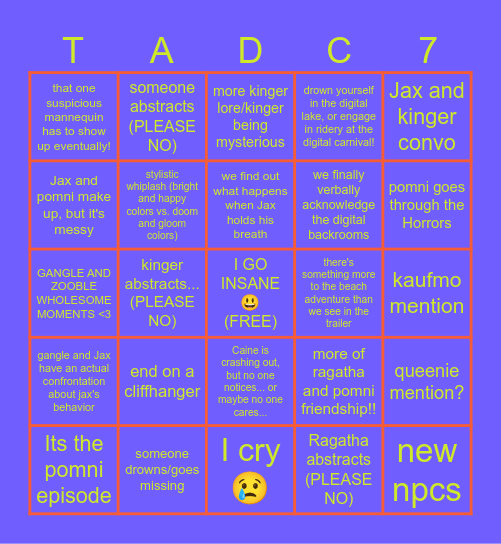 THE AMAZING DIGITAL CIRCUS EPISODE 7 Bingo Card