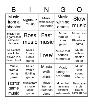 Video Game Music Bingo Card