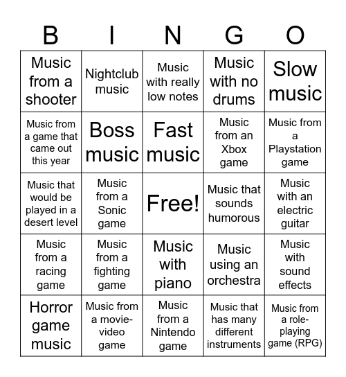 Video Game Music Bingo Card