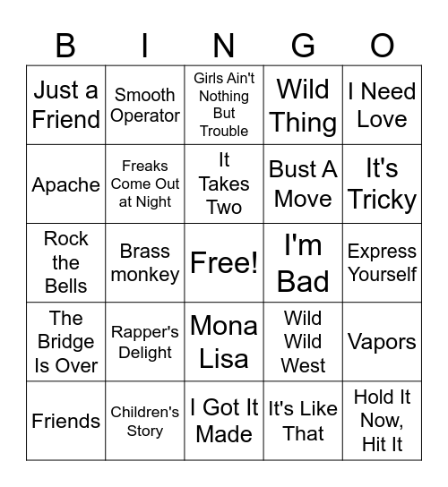 80's Hip Hop Bingo Card