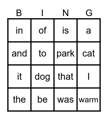 Sight Words Bingo Card