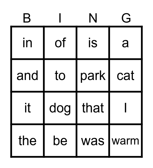 Sight Words Bingo Card