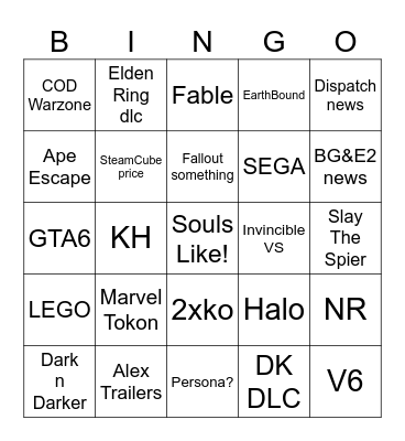 Green's Game Awards prediction Bingo Card