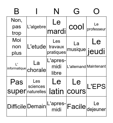 Vive L'ecole! Bingo Card