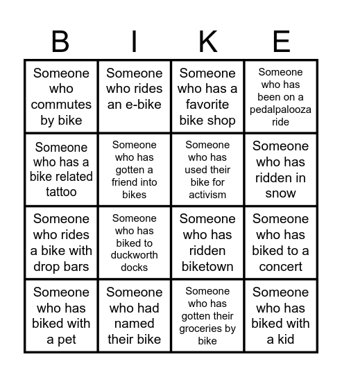 Bike Friend Bingo Card