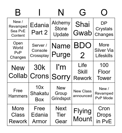 Calpheon Ball 2025 Bingo Card