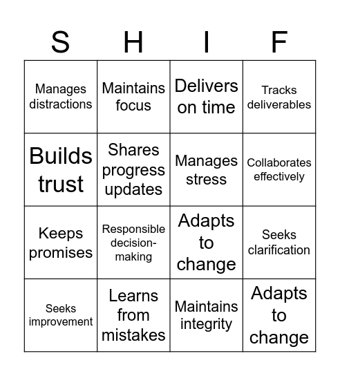 Owning the Shift Bingo Card