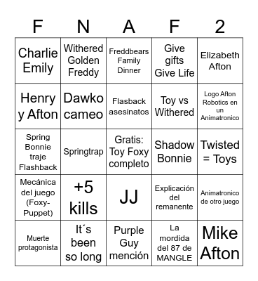 Bingo Freddys 2 Bingo Card