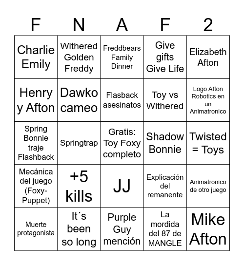 Bingo Freddys 2 Bingo Card