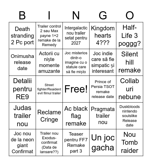 Game Awards 2025 Bingo Card