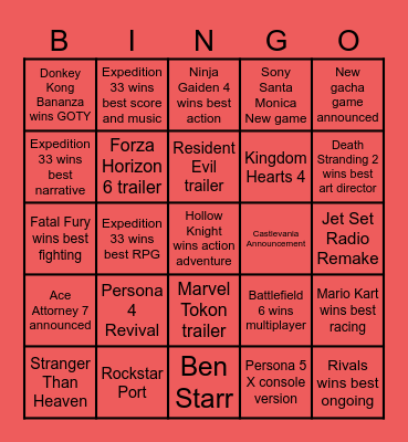 Game Awards Bingo Card