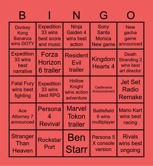 Game Awards Bingo Card