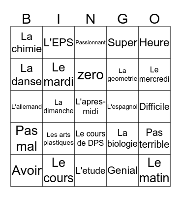 Vive L'ecole! Bingo Card