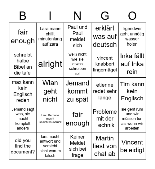Englisch Bingo Card